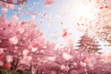 The serene ambiance of a traditional Japanese pagoda enveloped by cherry trees in their glorious spring bloom.