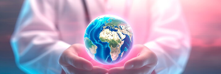 doctor's hand holding a delicate cancer awareness ribbon against a backdrop of a world map