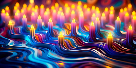 Hanukkah with abstract representations of the miracles and stories associated with the holiday.