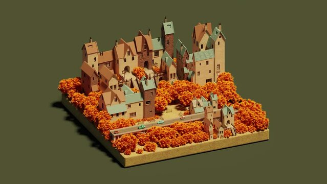 Model of multiple storied isometric buildings in autumn park in daylight. 3d loop isometric view