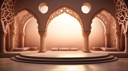 podium background in Ramadan holiday minimalism style . oriental arabic design with shades of beige colors. ai generative