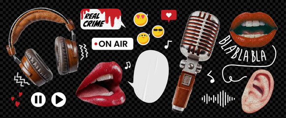 A grunge set of collage elements on the theme of a true-crime podcast. Speech bubble, ear and lips. Trendy illustration with likes on transparent background as png