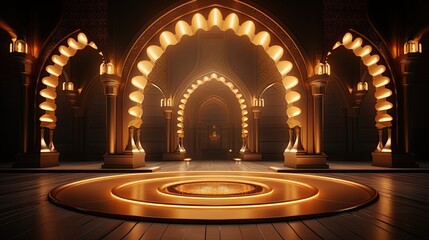 Obraz premium podium background in Ramadan holiday style. oriental arabic design with shades of in beige gold and yellow shades. ai generative
