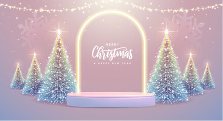 Holiday Christmas showcase background with 3d podium, neon arch and Christmas tree. Vector illustration