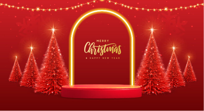 Holiday Christmas showcase background with 3d podium, neon arch and Christmas tree. Vector illustration