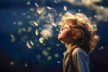  A curious boy in the midst of a dandelion meadow, his laughter echoing as he gently blows dandelion fluff into the air, creating a magical spectacle. © EdNurg