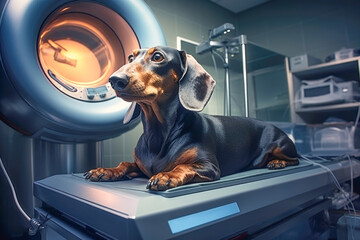A dachshund receiving a thorough examination by a veterinary doctor, including an X-ray, as part of its medical care in a veterinary clinic.