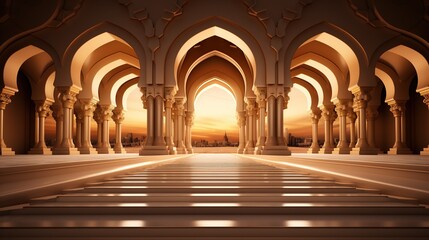 podium background in Ramadan holiday minimalism style . oriental arabic design with shades of beige colors. ai generative