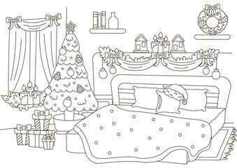 Christmas indoor interior of bedroom with christmas tree and decorations, holiday themed coloring page for kids and adults, new year outline style art for print and web