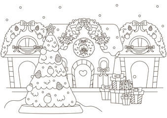 Christmas outdoor background with cozy winter houses and christmas tree, new year theme coloring page for kids and adults, activity for print, cozy outline village