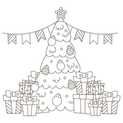 Christmas tree and gifts theme coloring page for kids and adults, cozy winter activity for print, happy new year party black and white cartoon