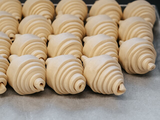 Raw croissants in production in a bakery close-up