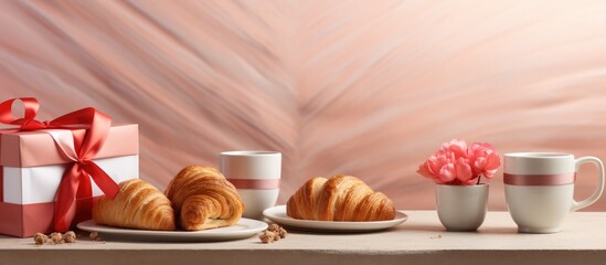 Fototapeta na wymiar Valentine s Day celebration near light wall with croissant cups gift box and decor