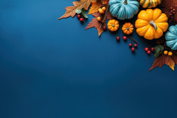 Many creepy pumpkin for Halloween with empty space on blue background. - obrazy, fototapety, plakaty