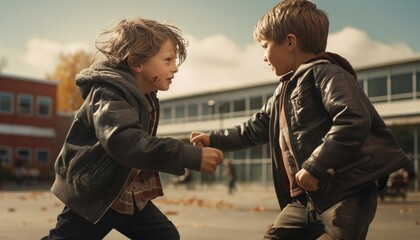 Two elementary school boys fighting at school yard - obrazy, fototapety, plakaty