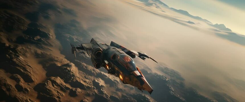 Wide shot of futuristic spaceship flying over a planet at dawn. Anamorphic 4k footage