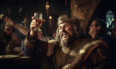 A lively atmosphere fills the medieval tavern as people enjoy their drinks. - obrazy, fototapety, plakaty