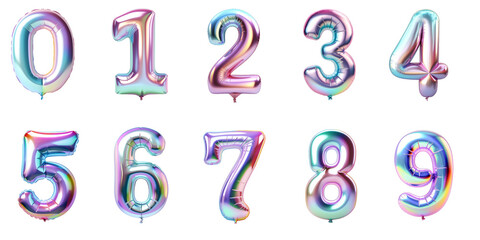 Numbers from 0 to 9 made with foil holographic birthday balloons - obrazy, fototapety, plakaty