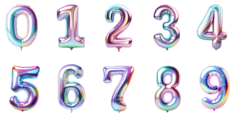 Numbers from 0 to 9 made with foil holographic birthday balloons