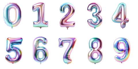 Rolgordijnen Numbers from 0 to 9 made with foil holographic birthday balloons © Agnieszka