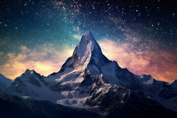 Snow-capped mountain with stunning Milky Way stars in the background. Generative AI