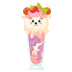 Tasty kawaii sheep shaped ice cream in glass with strawberry cartoon for summer themed greeting card or designs, frozen dessert object, sweet gelato for kids