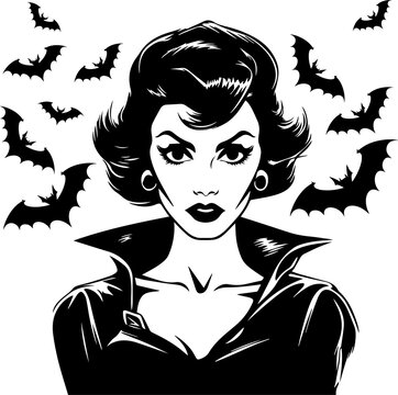 Halloween illustration woman and flying bats background, Happy halloween, Illustration
