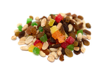 mixture of dried fruits and nuts on white background
