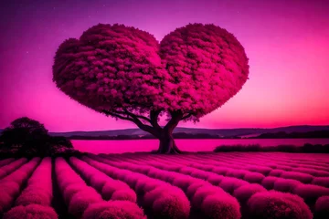 Keuken spatwand met foto Pink heart tree and pink field under heart shape opening sky to the night landscape, Valentines day card. © CREAM 2.0