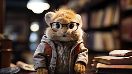 Smart rabbit with glasses in library.