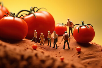 Miniature farmers harvesting tomatoes