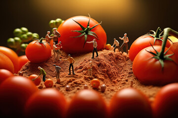 Miniature farmers harvesting tomatoes