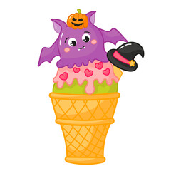 Tasty kawaii bat shaped ice cream in cone with witch hat and pumpkin on head cartoon for halloween themed greeting card or designs, frozen dessert object, sweet gelato for kids