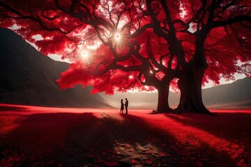 Red landscape with heart love tree