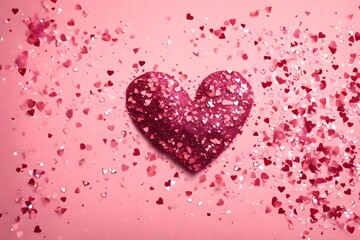 Glitter heart dissolving into pieces on pink background. Valentines day, broken heart and love emergence concept. Horizontal wide screen banner format