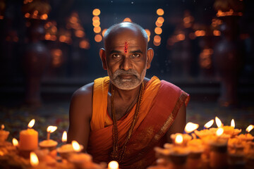Monk doing puja or praying on diwali festival. - obrazy, fototapety, plakaty