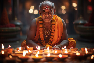 Monk doing puja or praying on diwali festival.