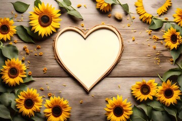 Heart shape floral frame greeting card with sunflower flowers isolated on white background with copy space. Can be used for invitation or mothers day card