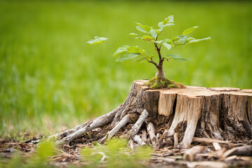 A new sapling grows from a log in the forest outdoors - obrazy, fototapety, plakaty