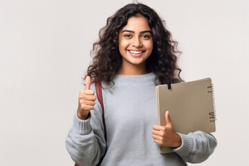 Indian college girl student smiling and showing thumps up - obrazy, fototapety, plakaty