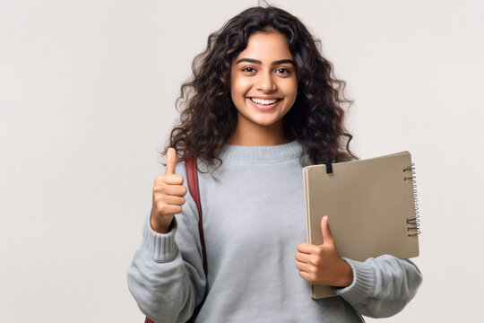 Indian college girl student smiling and showing thumps up