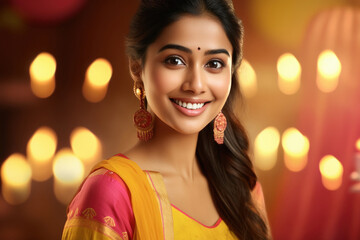 Fototapeta premium Beautiful indian woman in traditional saree and celebrating diwali festival.