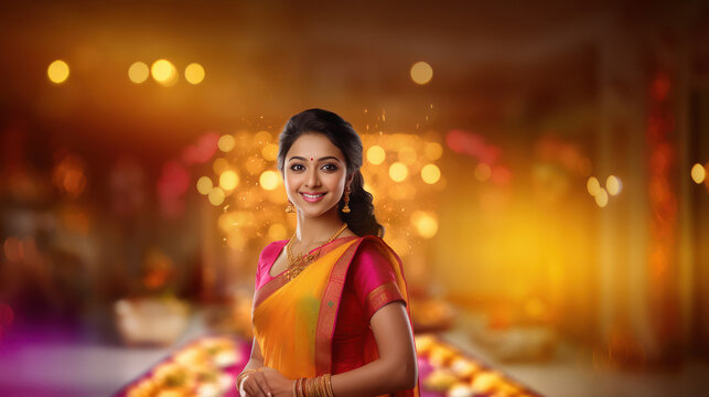Beautiful indian woman in traditional saree and celebrating diwali festival.