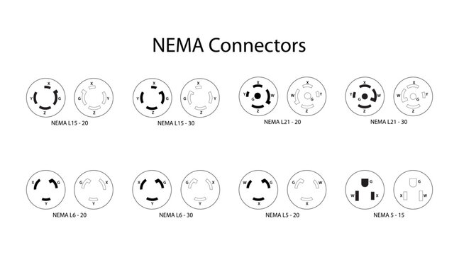 Range of NEMA connectors with naming. NEMA connectors are power plugs and receptacles used for AC mains electricity. Electric outlet line icons