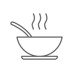 A bowl of soup icon. Steam food plate, hot meal dish with spoon inside for restaurant, cafe in mobile apps and website. Editable stroke vector illustration. Design