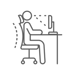 Ergonomic workplace icon. Computer desk workstation infographic correct postures office syndrome of back body position for spine, neck care, eye sight . Editable stroke Vector illustration. - obrazy, fototapety, plakaty