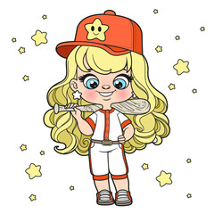 Cute cartoon girl in a baseball uniform and with a bat in his hand color variation for coloring page on white background