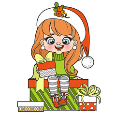 Cute cartoon longhaired girl in santa hat sot on a big box with gift color variation for coloring page on white background