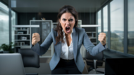 Frustrated businesswoman in formal suit screaming and clenching fists in anger. Stress concept