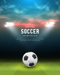 Football stadium with green field and ball illuminated by spotlights. Vector template for your design. © Igor